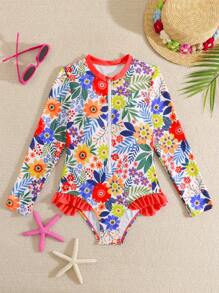 New Fashionable Tween Girl Printed Long Sleeve One-Piece Swimsuit - Red - View 1