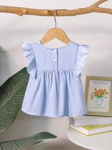 Baby Girls' Sweet Ruffled Square Collar Woven Blouse Top, Summer - Blue - View 2