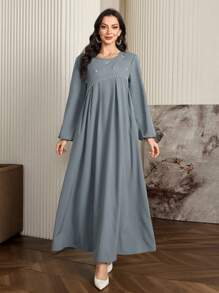 Al Najma 女士优雅长袖阿拉伯风格连衣裙，饰有串珠装饰，优雅的 A 字型阿拉伯连衣裙，适合日常休闲、端庄 - 灰色 - 查看 4