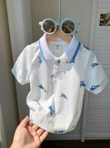 SHEIN Baby Boy/Girl Casual Sports Cute Funny Pattern Loose Knit Polo T-Shirt, Suitable For Spring/Summer Everyday And Outdoor Wear - White - View 5