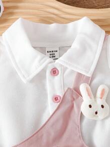 SHEIN 女婴纯色高领背心 + 时尚 3D 兔子装饰围兜裙 2 件套 - 粉色 - 查看 4