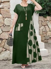 EMERY ROSE Plus Size Contrast Color Printed Patchwork Long Vacation Casual Dress,Spring Outfits For Women,Tropical Vacation Woman Clothes