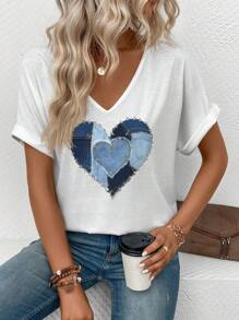 SHEIN VCAY SHEIN Women's Casual V Neck Short Sleeve Cuffed  Blue Heart Graphic T-Shirt - White - View 5