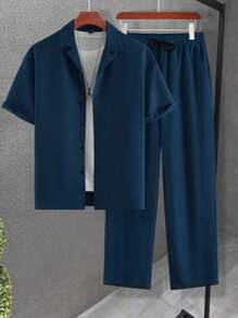 Manfinity Homme Conjunto de camisa y pantalones holgados para hombre de cuello solapa unicolor