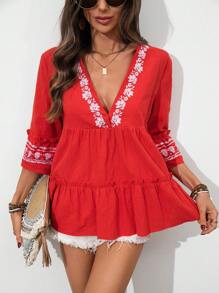 SHEIN VCAY 纯色编织 V 领荷叶边袖宽松女式衬衫 - 紅色 - 查看 5