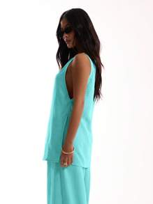 MUSERA Sleeveless Long Line Linen Feel Top For Vacation Summer Oversized Airport Beach Wedding Guest Going Out Tops - Blue - View 3