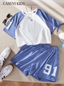 SHEIN 2pcs/Set Teen Girls Sporty Printed Top & Matching Shorts Athletic Outfit - Blue - View 2