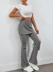 Jouncy Damen Lässig Band-up rüschenbesetzter Saum Slim Fit Weite Hose Culotte, Herbst/Winter - Grau - Übersicht 4