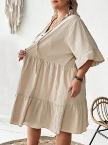 SHEIN CURVE+ Plus Size Women's Cotton Pleated Collar Satin Tie V-Neck Multi-Layer Pleated Edge Patchwork Dress, Breathable And Soft, Curve Plus, Boho Vacation Beach Outfits For Woman/Beach Dress/Beach Vacation Outfits/Beach Essentials / Graduation/Tea Party Dress