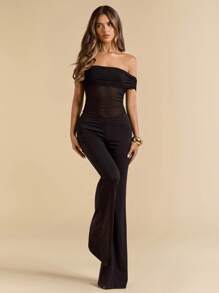 SHEIN BAE 春夏纯黑色优雅性感单肩透视网眼超宽腿连体裤，适合日常约会、郊游、派对、优雅女士内衣、外出装。不对称阔腿连体裤、情人节连体裤、日常连体裤、优雅连体裤 - 黑色 - 查看 3