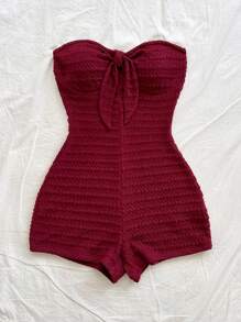 Soleia 女士春夏度假酒红色纹理针织前系带抹胸连体裤，性感浪漫派对约会之夜情人节假期海滩巡游下午茶 - 酒紅色 - 查看 4