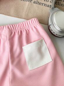 SHEIN 2pcs Infant/Toddler Unisex Casual Waffle Knit Colorblock Shirt And Shorts Set, 0-3 Years - Multicolor - View 5