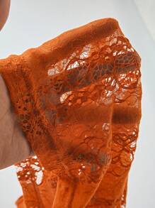 SHEIN Unity Burnt Orange,Summer,Elegant,Seksi Chic,Vacation Women's Stretchy Lace Deep V-Neck Cap Sleeve Short T-Shirt,Fitted Solid Color Y2K Boho Festival Top - Brown - View 8