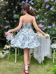 SHEIN Leap Crew Teen Girls Casual Floral Pattern Camisole Ruffle Hem Dress - White - View 2