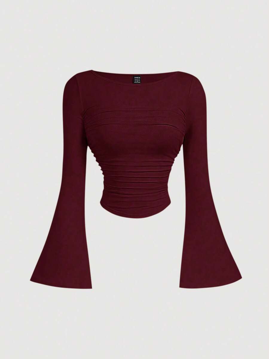 SHEIN Tall Women Solid Color Round Neck Flared Sleeve Slim Fit T-Shirt - Burgundy - View 1
