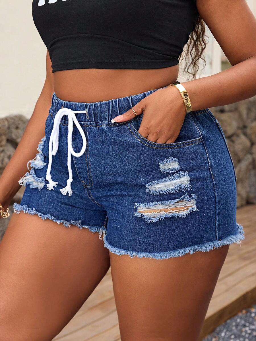 SHEIN SXY Quần short denim thường ngày có dây rút túi eo cỡ lớn cho nữ - Rửa tối - Xem 1