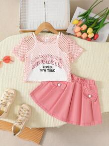 SHEIN 3pcs Girls Casual Fashion School Style Set: Fuchsia Mesh Round Neck Short Sleeve Top, White Camisole, And Fuchsia Pleated Shorts - Pink - View 8