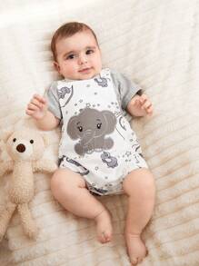 SHEIN Summer Newborn Male Baby Gray Pit Stripe Round Neck Short Sleeved Top Paired With Cute Cartoon Elephant Embroidery Pattern Shoulder Strap Jumpsuit Two Pieces Set - Multicolor - View 4