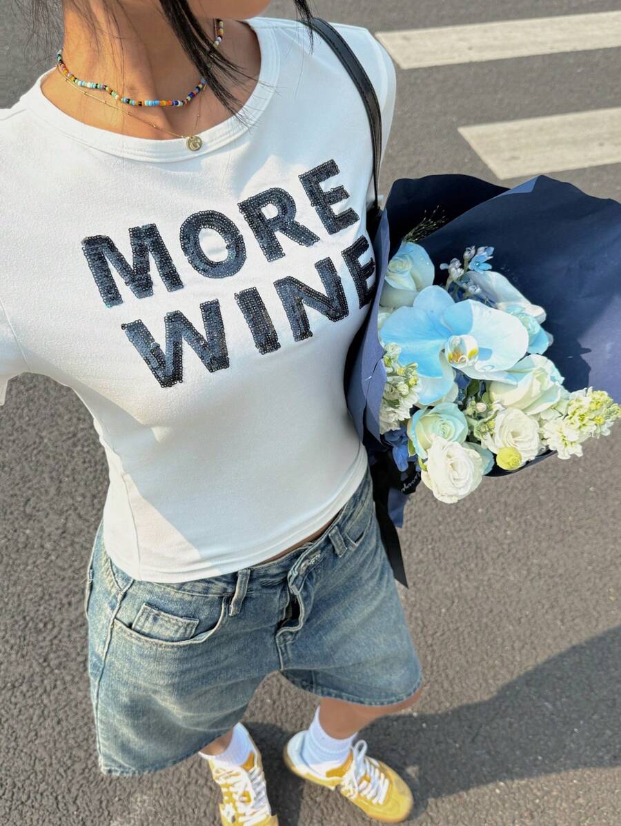 SHEIN EZwear 女士字母印花圆领短袖短款修身 T 恤 - 白色 - 查看 1