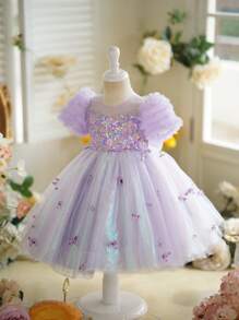 SHEIN Vestido de fiesta de estilo princesa con mangas abullonadas, con flores 3D y lentejuelas para niñas jóvenes, para cumpleaños, eventos escolares y verano