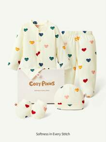 Cozy Pixies 5pcs/Set Newborn Baby Girl Gifts - Heart Pattern Knitted Soft Crew Neck Sweater, Footed Pants, Hat, Bib, Gloves In Gift Box - Apricot - View 2
