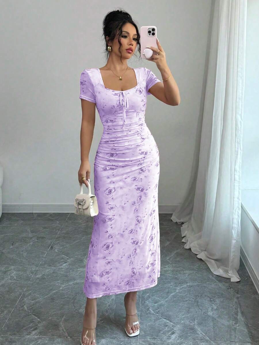 Elenzga Women's Elegant Romantic Sexy Floral Print Mesh V-Neck Bow-Tied Ruched Bodycon Dress, Suitable For Spring & Summer, Valentine's Day - Mauve Purple - View 1