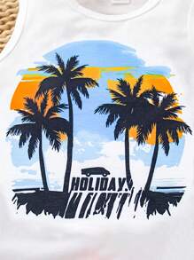 3pcs Young BoyCasual Tropical Rainforest Palm Tree Print Tank Top, Shorts, And Hat Set, Suitable For Vacation, Holiday, Travel, Relaxation, Sunbathing, Summer