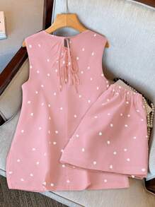 Franclia 2pcs/Set Women Heart Print Tie Front Top And Shorts Set - Pink - View 4