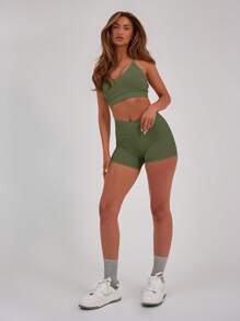 Musera Sport 交叉前腰带无缝运动短裤，适用于板式网球、网球、匹克球、健身房、瑜伽、普拉提、日常休闲等运动。 - 軍綠色 - 查看 5