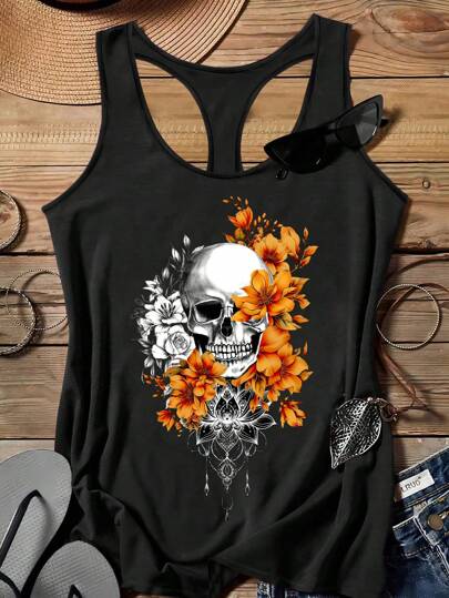EMERY ROSE Casual Floral & Skull Pattern Round Neck Crisscross Back Plus Size Women Tank Top, Summer
