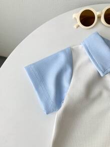SHEIN 2 件套婴儿中性休闲华夫格针织白色和紫色撞色衬衫上衣和短裤套装适合 0-3 岁婴幼儿 - 彩色 - 查看 5