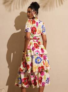 Vesra 2 件女士度假印花系带短款上衣和蛋糕裙套装