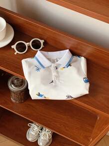 SHEIN Baby Boy/Girl Casual Sports Cute Funny Pattern Loose Knit Polo T-Shirt, Suitable For Spring/Summer Everyday And Outdoor Wear - White - View 6