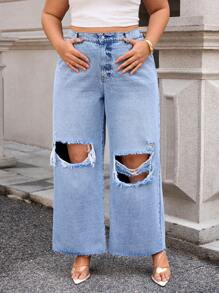 SHEIN Essnce Jeans casuales sueltos color liso con bolsillos y rotos de talla grande - Lavado ligero - Ver 3