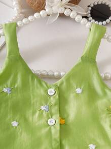 SHEIN 女婴黄色花卉刺绣吊带背心和裙子套装，夏季 - 綠色 - 查看 5