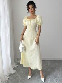 Modelyn 法式优雅方领收腰长裙 - 黃色 - 查看 3