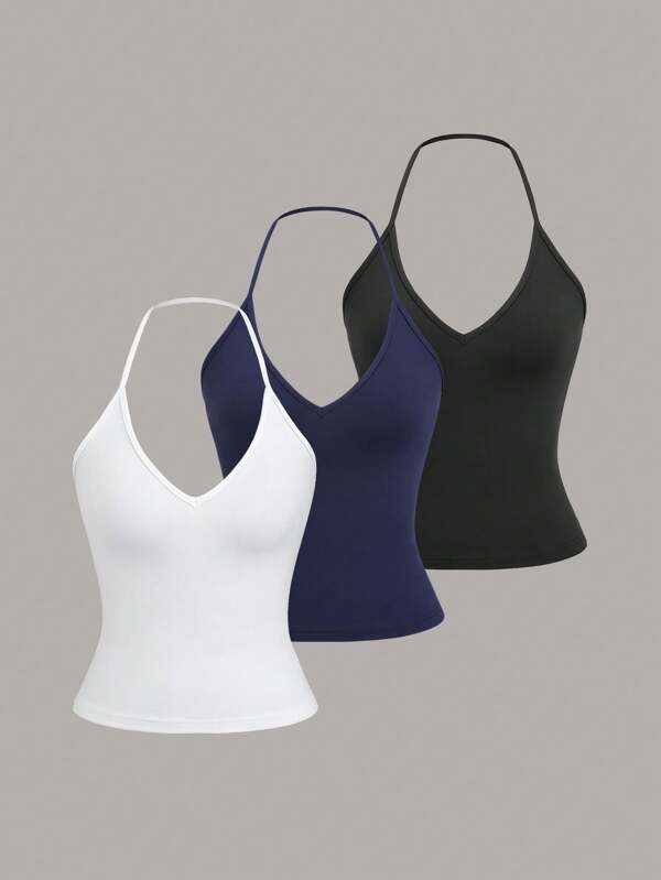 Sweetra 3pcs Women's Casual Versatile Halter Neck Solid Color Tank Top Set