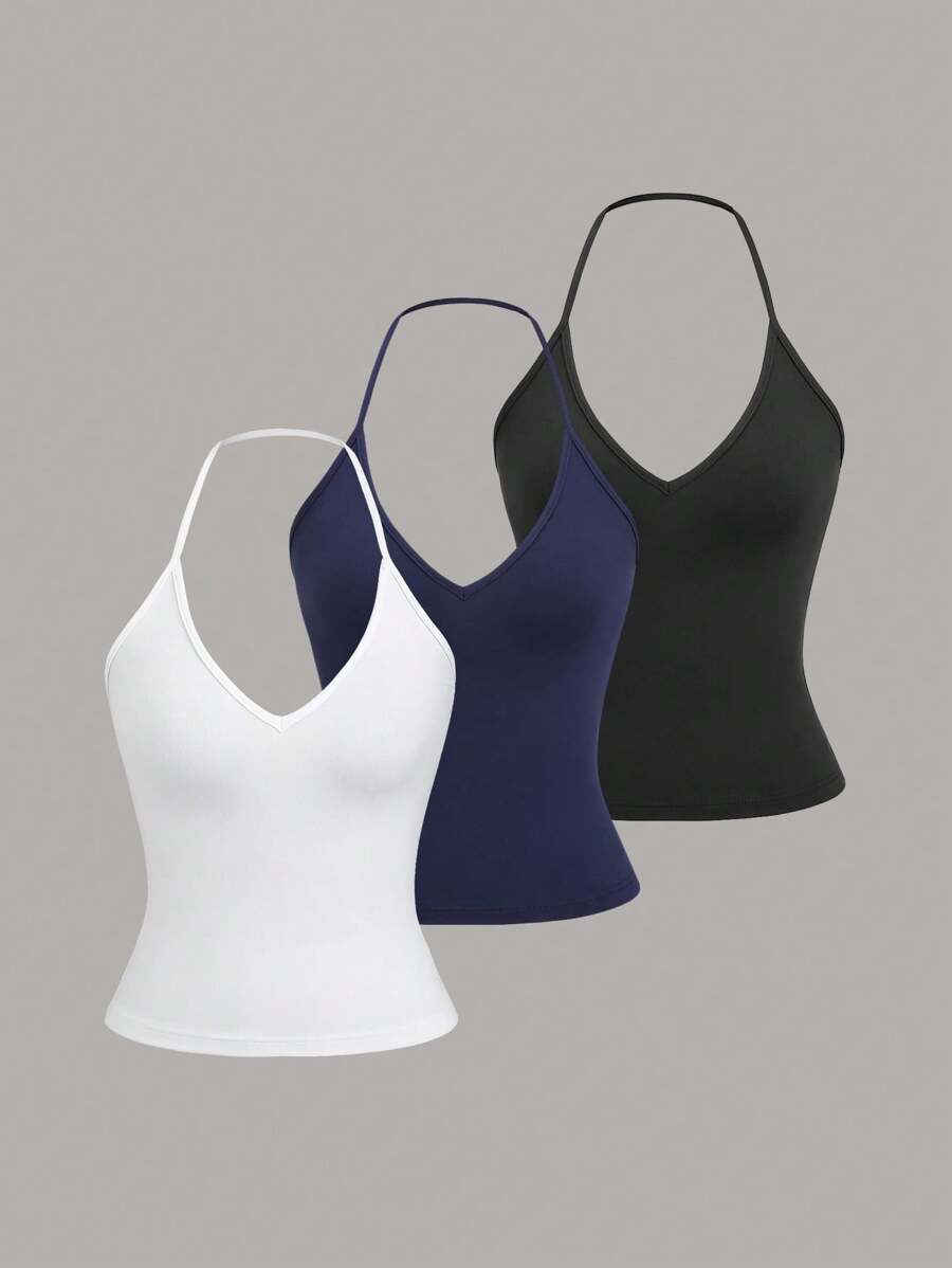 Sweetra 3pcs Women's Casual Versatile Halter Neck Solid Color Tank Top Set - Multicolor - View 1