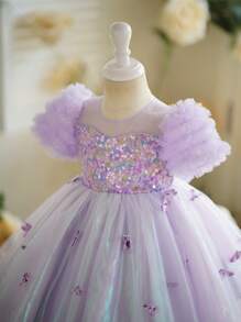 SHEIN Vestido de fiesta de estilo princesa con mangas abullonadas, con flores 3D y lentejuelas para niñas jóvenes, para cumpleaños, eventos escolares y verano