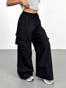 SHEIN PETITE Women's Black Woven Cargo Pants: Casual Long Length With Pockets, Wide Leg, And Drawstring Waist For Everyday Comfort And Style