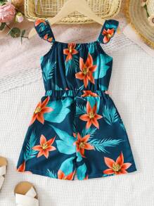 Family Matching Sleeveless Jumpsuit For Young Girl, Tropical Leaf & Floral Print Casual Holiday Beach Romper, Spring Summer Fashion Vacation Outfit - Navy Blue - View 2
