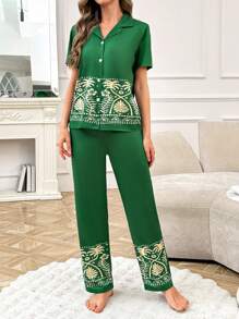 SHEIN Conjunto de pijama feminino casual com estampa de manga curta e calça - Multicolorido - Ver 5