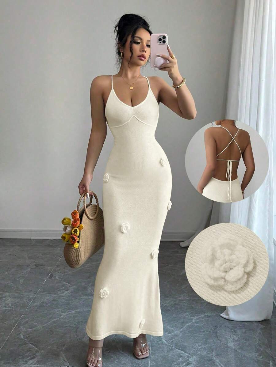 Elenzga 女式休闲花卉 3D 网眼沙滩吊带裙 - 杏色 - 查看 1