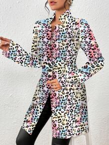 SHEIN Clasi Women's Casual Resort Knit Textured Leopard Print Slim Fitted Jacket - Multicolor - View 5