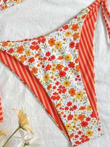 SHEIN Swim 2pcs Ditsy Floral Halter Triangle Spaghetti Strap Bikini Set With Tie Side Bottom, Beach Swimwear For Women - Multicolor - View 4