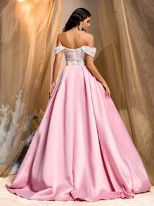 Glamrae Luxury Pearl&Sequin Heavily Embroidered Satin Mermaid Maxi Dress,Off Shoulder Ball Gown Evening Dress With Train Detail&Ruffle Hem For Wedding Party - Dusty Pink - View 5