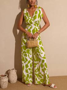 Vesra Women's Holiday Casual All-Over Print Sleeveless Jumpsuit - Green - View 4