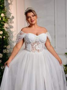 Glamrae Váy cưới chữ A hở vai thêu lưới màu trắng thanh lịch lãng mạn cỡ lớn, váy cưới, cô dâu - trắng - Xem 2