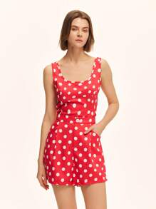 Zielony Top casual de tirantes con cuello cuadrado, cintura ceñida y estampado de lunares para mujer