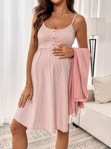 Slowluna 2 pièces Ensemble de veste à patchwork en dentelle bicolore et robe-débardeur rayée pour femmes enceintes - Rose bonbon - Voir 4